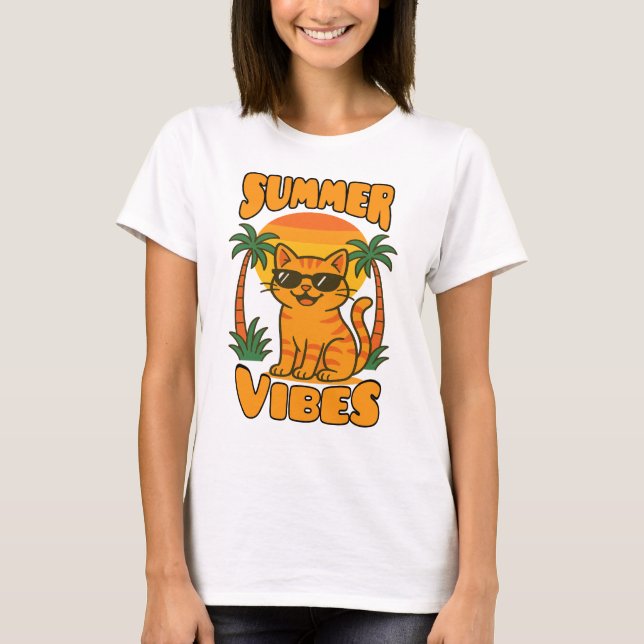 Retro Summer Vibes Cat T-Shirt – Cute Cartoon Cat  (Front)