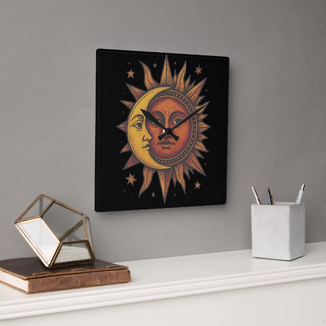 Retro Sun and Moon Square Wall Clock (Office)