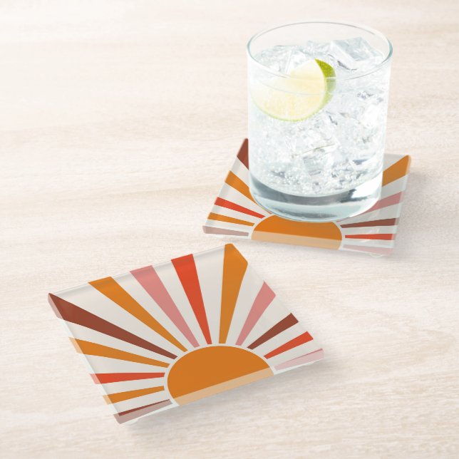 Retro Sun Burst Sunset Orange Yellow Red Pink Glass Coaster (Angled)