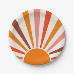 Retro Sun Burst Sunset Orange Yellow Red Pink  Paper Plate