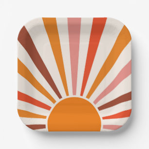 Retro Sun Burst Sunset Orange Yellow Red Pink  Paper Plate