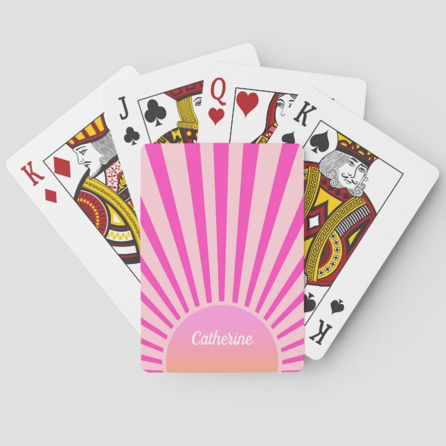 Retro Sun Burst Sunset Sunrise Hot Pink Ombre  Playing Cards (Back)