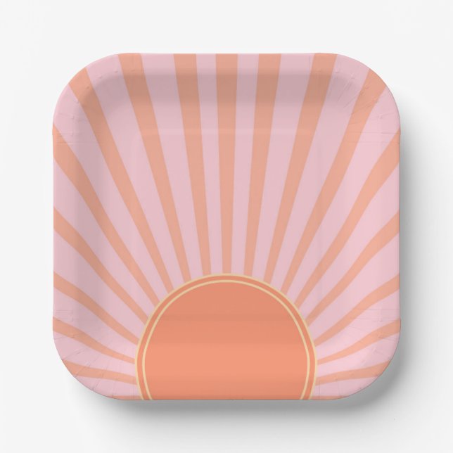 Retro Sun Burst Sunset Sunrise Pastel Pink  Paper Plate (Front)