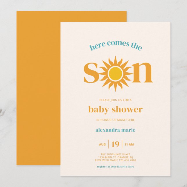Retro Sun Here Comes the Son Baby Shower Invitation (Front/Back)