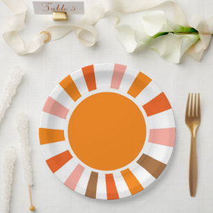 Retro Sun Rays Burst Sunset Orange Yellow Red  Paper Plate