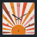 Retro Sun Rays Burst Sunset Orange Yellow Red   Square Wall Clock<br><div class="desc">Retro sun burst design in warm pink,  brown,  orange tones. Retro modern orange sunrays,  morning sunshine geometric abstract art.</div>
