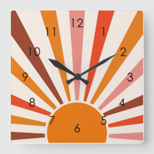 Retro Sun Rays Burst Sunset Orange Yellow Red   Square Wall Clock
