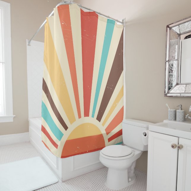 Retro Sun Rays in Muted Colours Shower Curtain (In Situ)