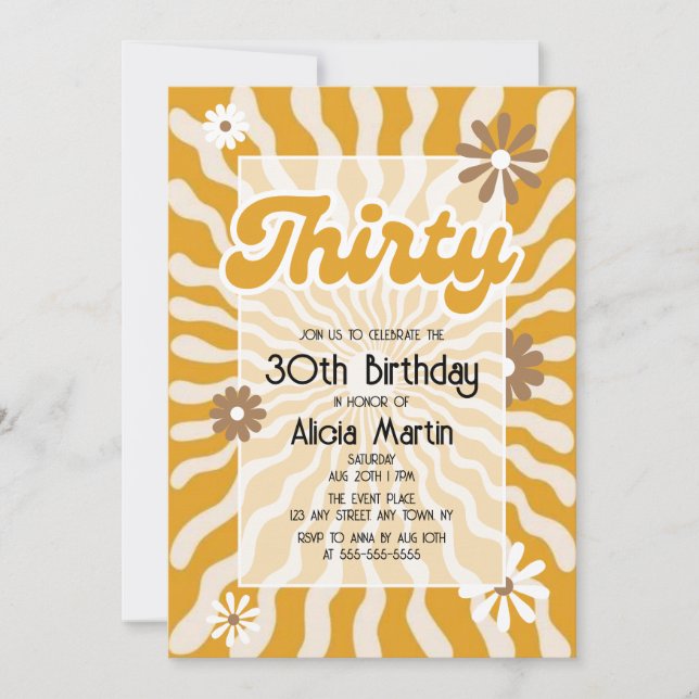 Retro Sun Wave Daisy Brown 30th Birthday Invitation (Front)