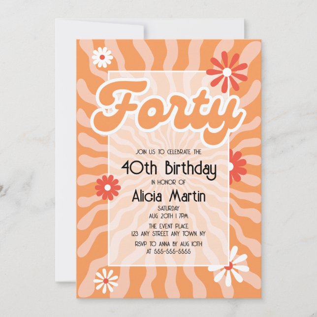 Retro Sun Wave Daisy Forty 40th Birthday Invitation (Front)