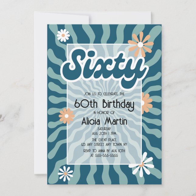Retro Sun Wave Daisy Green 60th Birthday Invitation (Front)