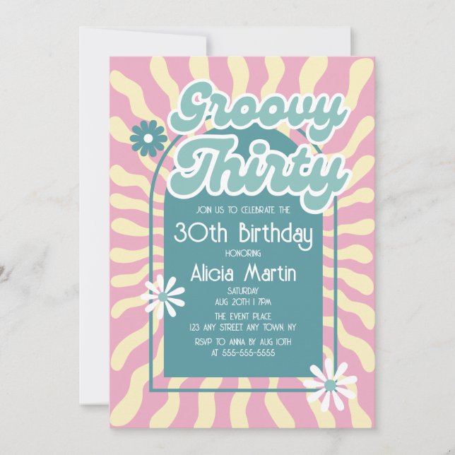 Retro Sun Wave Daisy Groovy Green 30th Birthday Invitation (Front)