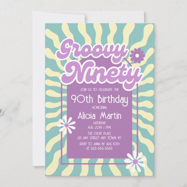 Retro Sun Wave Daisy Groovy Ninety 90th Birthday Invitation (Front)