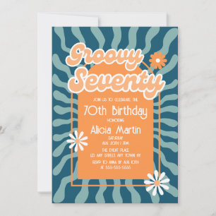 Retro Sun Wave Daisy Groovy Orange 70th Birthday Invitation
