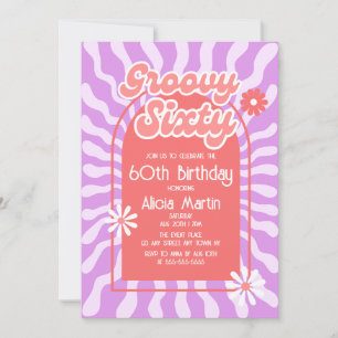 Retro Sun Wave Daisy Groovy Red 60th Birthday Invitation