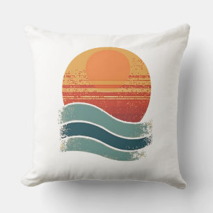 Retro Sun & Waves Minimalist Aesthetic for Vintage Throw Pillow