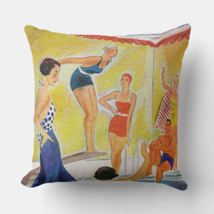 Retro Sunbathers In Pool, Swimming Bathing Caps Outdoor Pillow