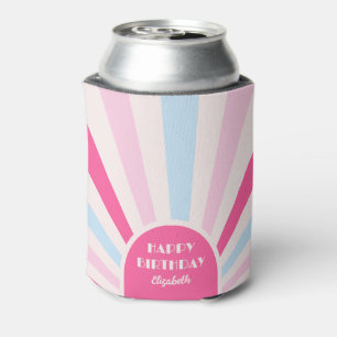 Retro Sunburst Arch Typography Birthday Pink Can Cooler
