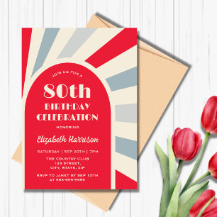 Retro Sunburst Arch Typography Birthday Red Invitation