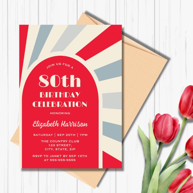Retro Sunburst Arch Typography Birthday Red Invitation (Creator Uploaded)