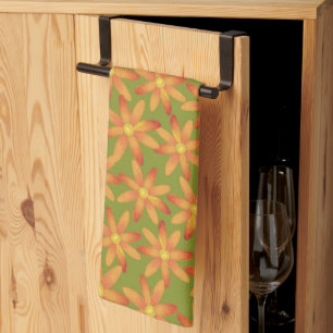 Retro Sunburst Daisy Floral in Golden Olive Kitchen Towel