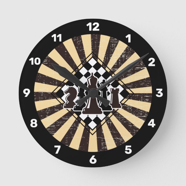 Retro Sunburst Grunge Brown & Beige Chess Board Round Clock (Front)