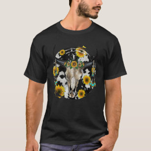 Retro Sunflower Bull Skull Cowhide Western Country T-Shirt