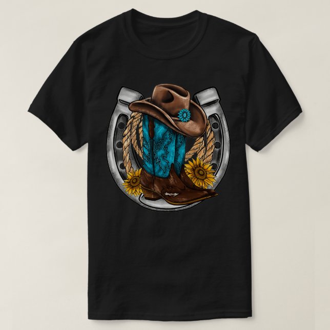 Retro Sunflower Horseshoe Cowgirl Boots Hat Rope W T-Shirt (Design Front)
