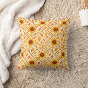 Retro Sunflower & Rustic Farmhouse Watercolor Throw Pillow