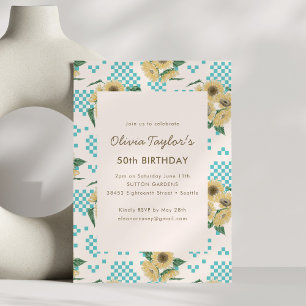 Retro Sunflower Turquoise Chequered 50th Birthday Invitation