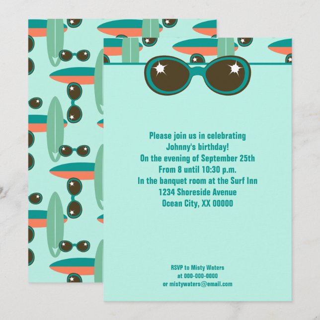 Retro Sunglasses and Surfboards Party Invitation (Front/Back)
