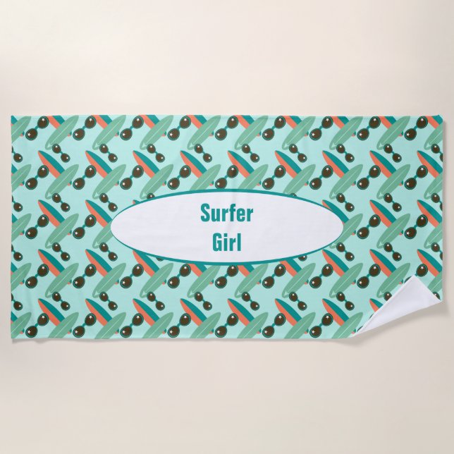 Retro Sunglasses and Surfboards Personalized Beach Towel (Front)