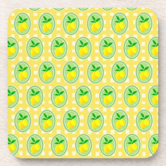 Retro Sunny Lemon Yellow White Check  Coaster (Front)