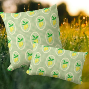 Retro Sunny Lemons on Green Gingham Throw Pillow