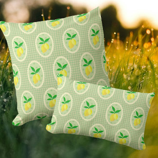 Retro Sunny Lemons on Green Gingham Throw Pillow