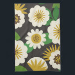 Retro Sunny Summer Flowers Kitchen Towels<br><div class="desc">A bold and bright flower design inspired by mid-century Scandinavian textiles. Simple and stylized white and gold daisies and other flower forms are set against a bed of green leaves and against dark background. This pretty and preppy design has shades of off-white,  gold,  brown,  green and black.</div>