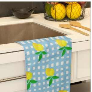 Retro Sunny Yellow Lemon Blue White Check Kitchen Towel