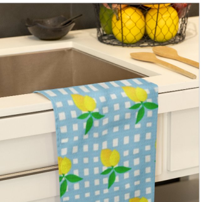 Retro Sunny Yellow Lemon Blue White Check Kitchen Towel (Sunny lemony accent for the kitchen!)