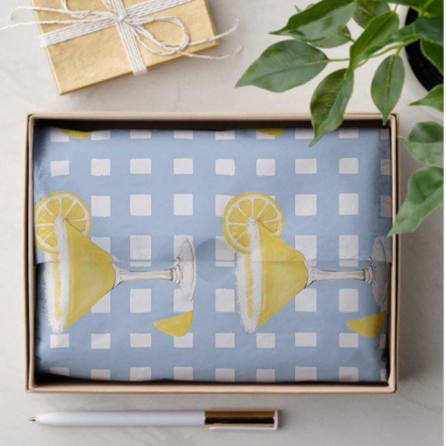 Retro Sunny Yellow Lemon Drop Blue Check Tissue Paper (Perfect for decoupage or gifting!)