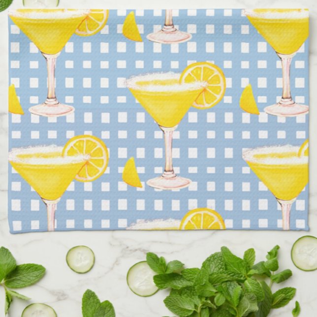 Retro Sunny Yellow Lemon Drop Blue White Check Kitchen Towel (Fun lemon drop kitchen towelL)