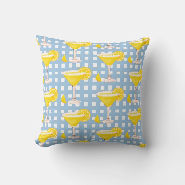 Retro Sunny Yellow Lemon Drop Blue White Check Throw Pillow (Front)