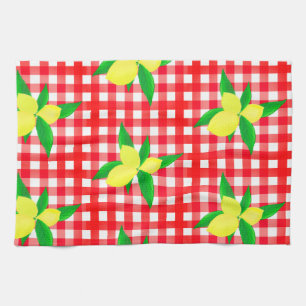 Retro Sunny Yellow Lemons on Red White Checks Kitchen Towel