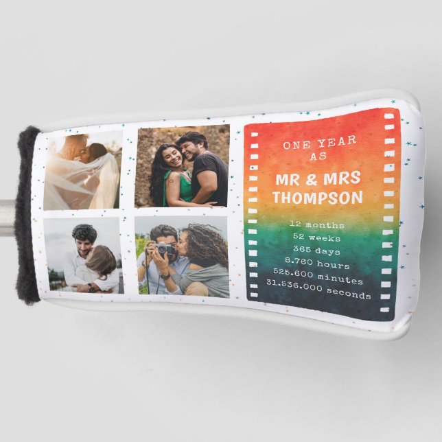 Retro Sunset 4 Photo Mr and Mrs 1st  Anniversary Golf Head Cover (Front)