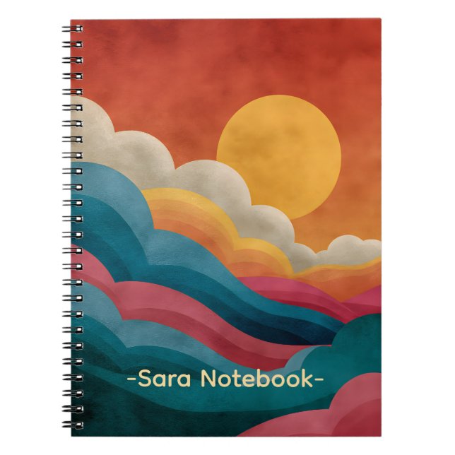 Retro Sunset Abstract Notebook | Custom Name Colou (Front)