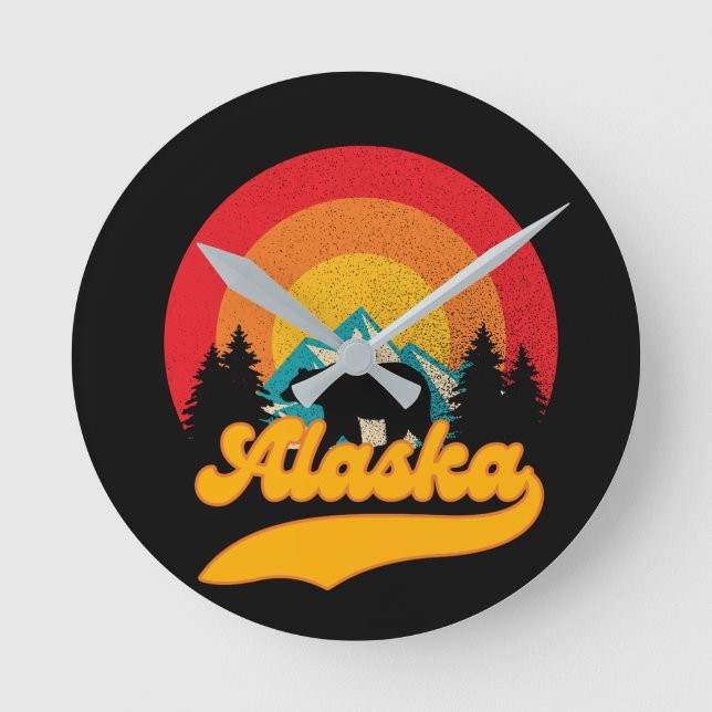 Retro Sunset Alaska Juneau Bear Mountains Wild AK Round Clock (Front)