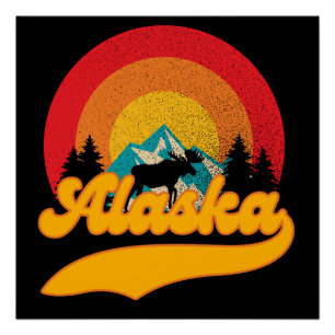 Retro Sunset Alaska Juneau Moose 0Mountains Wild Poster