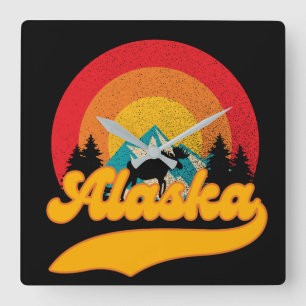 Retro Sunset Alaska Juneau Moose 0Mountains Wild Square Wall Clock
