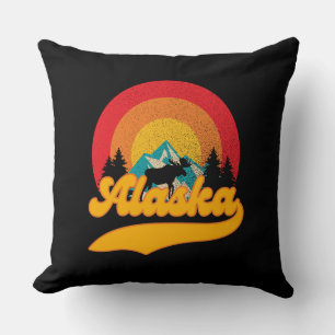 Retro Sunset Alaska Juneau Moose 0Mountains Wild Throw Pillow