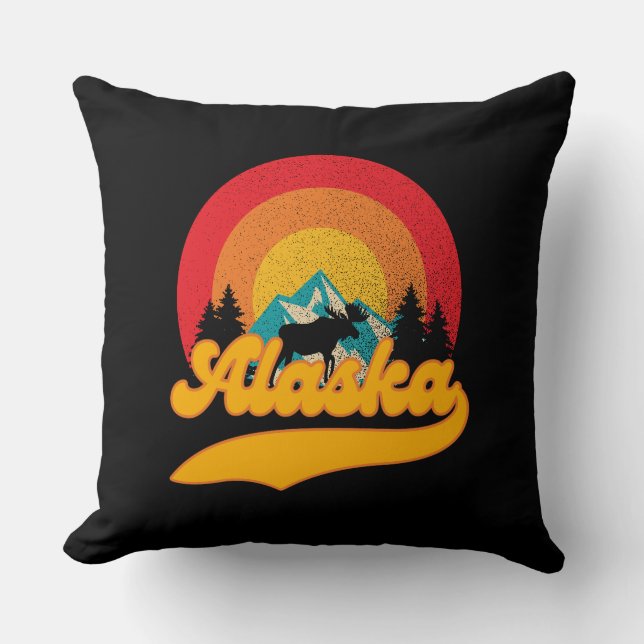 Retro Sunset Alaska Juneau Moose 0Mountains Wild Throw Pillow (Front)