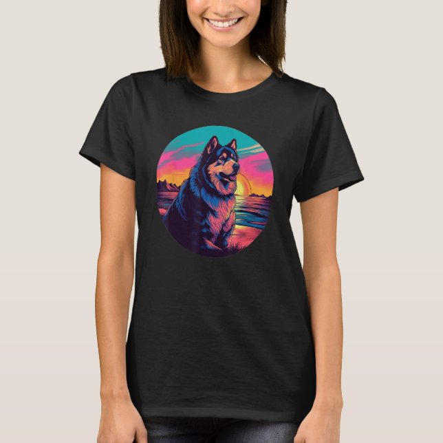 Retro Sunset Alaskan Malamute Dog T-Shirt (Front)